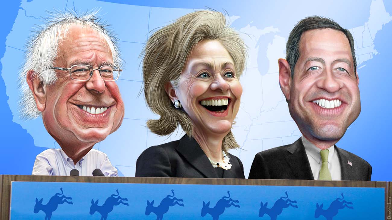 Demokraattien presidenttiehdokkaat karikatyristin kuvaamina: Sanders, Clinton ja O'Malley. Kuva https://www.flickr.com/photos/donkeyhotey/with/22391436666/