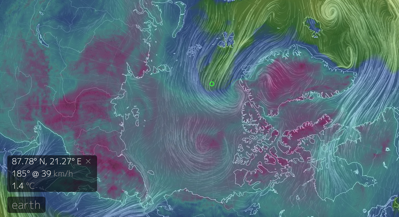 Pohjoisnavan ylle siirtynyt ilmamassa oli erittäin poikkeuksellisesti plusasteilla 30.12.2015. Lähde Earth Nullschool, GFS/NCEP/National Weather Service (http://earth.nullschool.net/)